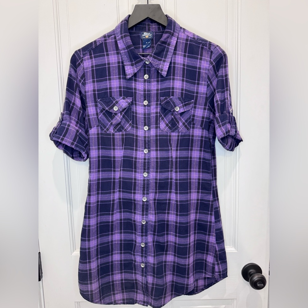 Vntg 90s Blue Asphalt Brand Flannel Shirt Dress 💜